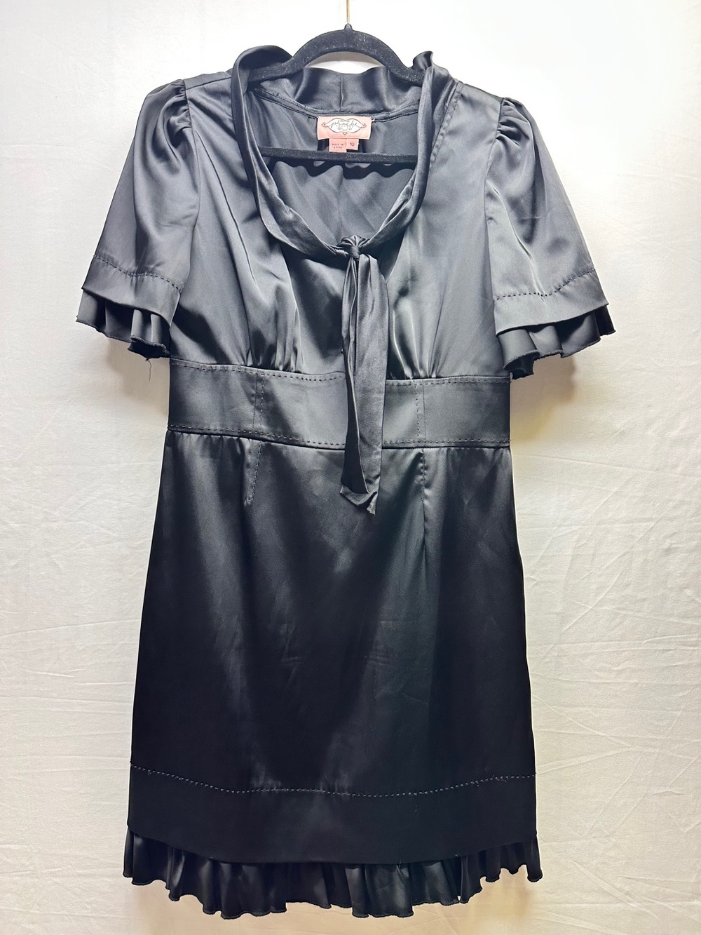 Phoebe Couture Black Satin Silk Trim Tie-Neck Dress